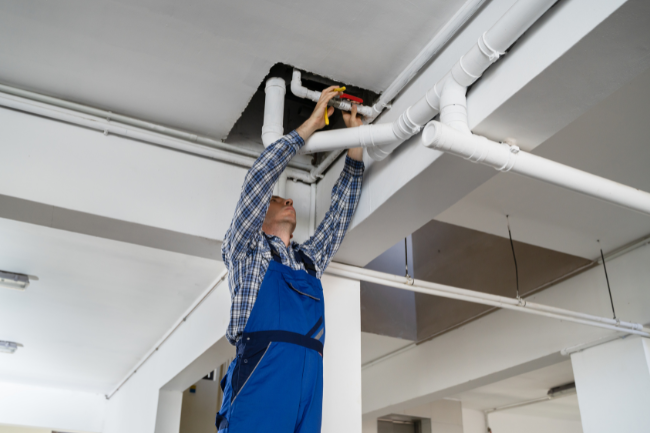 commercial plumber working on ceiling