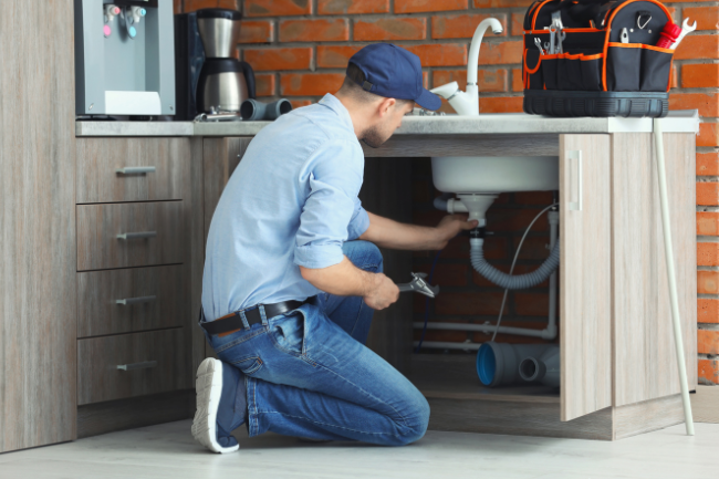 plumber working on kitchen sink