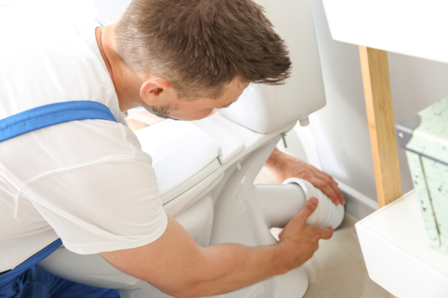 plumber working on toilet