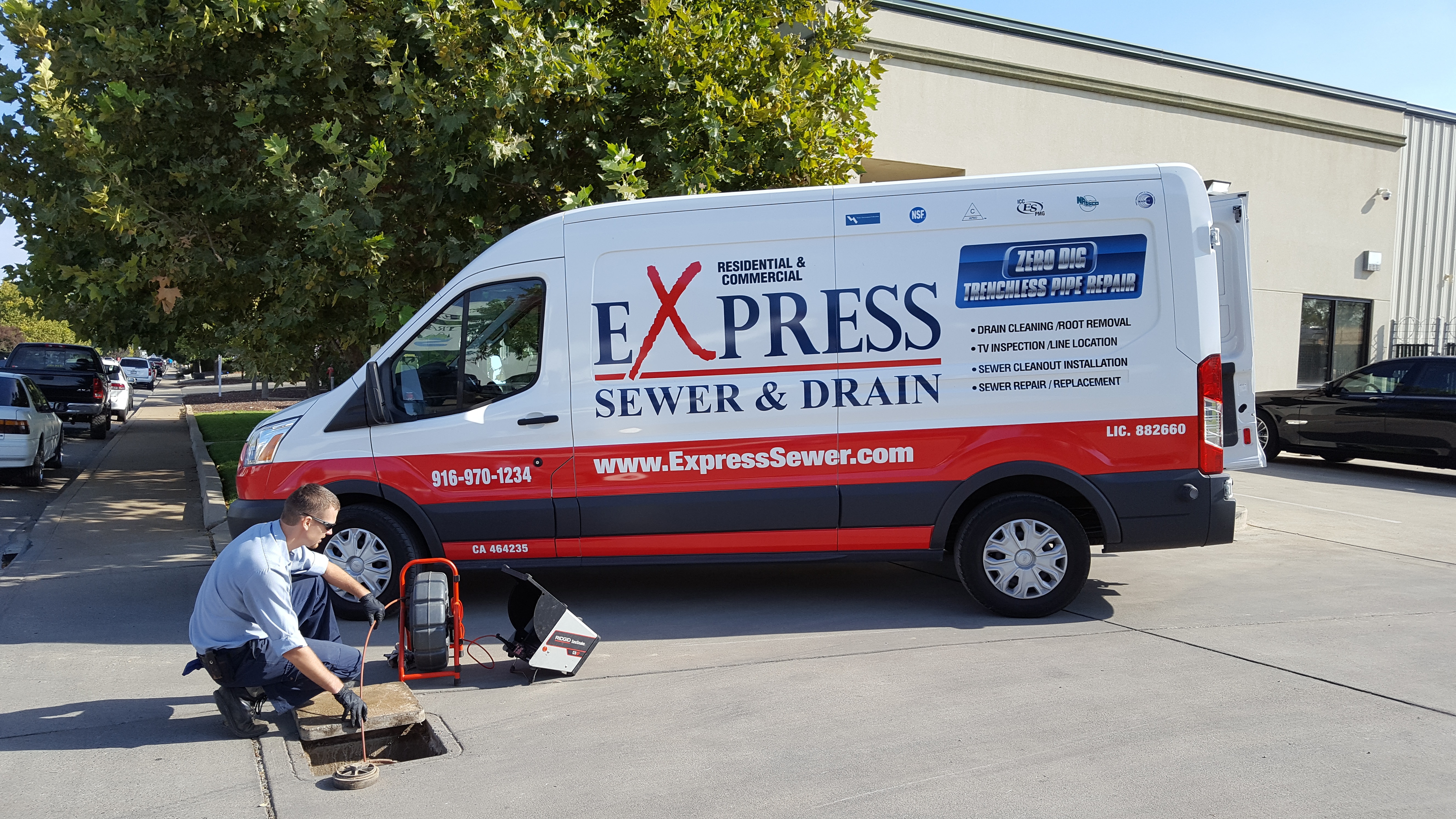 sewer drain truck at commercial business