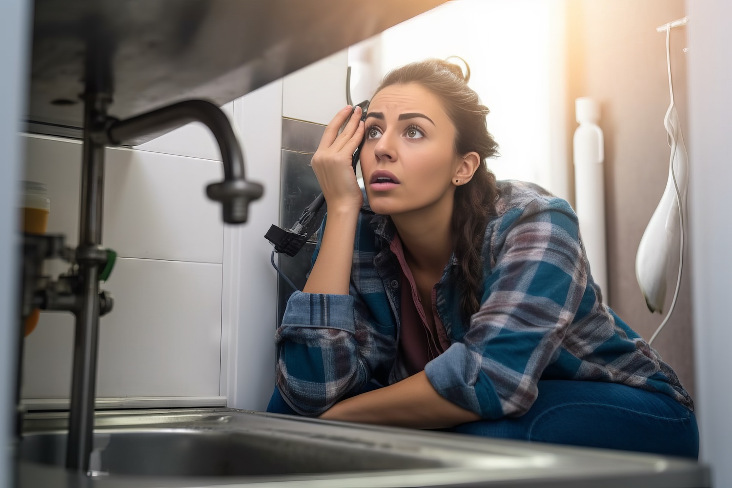 woman observing a damaged pipe